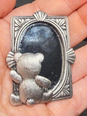 Vintage Teddy Bear Mirror Brooch Silver Tone Picture Frame Pin 2”